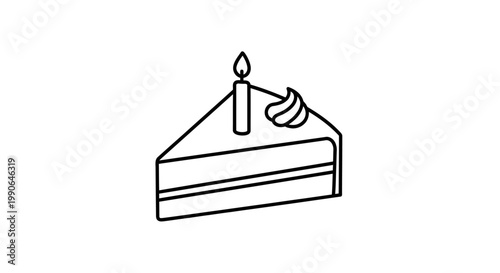 A single slice of birthday cake with a lit candle, ready to be enjoyed