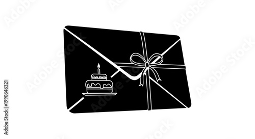 A black envelope with a cake image, tied with a ribbon, creating a sense of anticipation and celebration