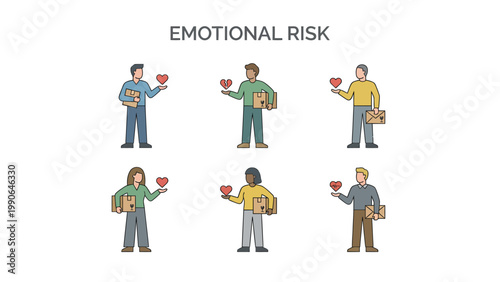 Emotional risk concept: Diverse people holding hearts and packages, symbolizing vulnerability and trust in relationships
