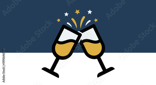 Two champagne glasses clinking in a toast, celebrating a special occasion. Stars and sparkles add a touch of joy and festivity. 