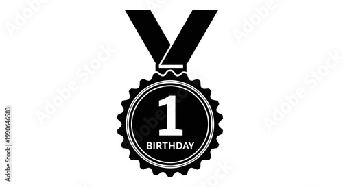 A one-year birthday medal icon, ideal for commemorating a special occasion. It showcases the number 1 and the word birthday with an elegant ribbon