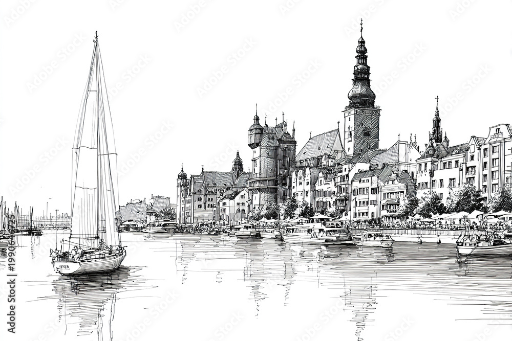 Fototapeta premium Urban skyline with historic buildings and sailing boats on calm river, detailed line drawing capturing peaceful waterfront and architectural beauty in monochrome style