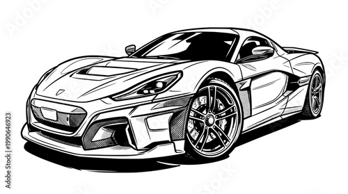 Detailed line drawing vector art of the futuristic Rimac Nevera electric hypercar, presented in a