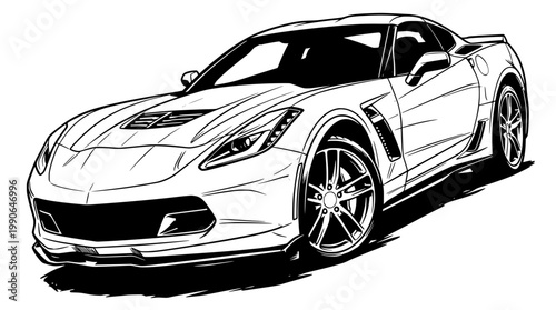 A bold line art illustration of a white Corvette C7 sports car isolated on a clean white