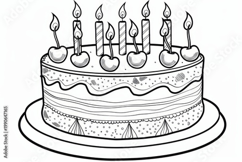 Coloring page cake cherries candles cartoon lineart outline black white kids simple minimal design printable