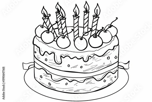 Coloring page cake cherries candles cartoon lineart outline black white kids simple minimal design printable