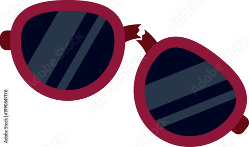 Broken red sunglasses symbolize damage, failure, and needing repair on a white background