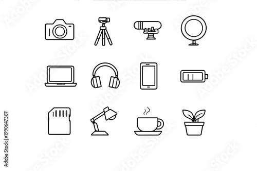 Minimal Vlogger Setup. Minimal vlogger setup. Line outline icon set of Minimal vlogger setup: camera, tripod,