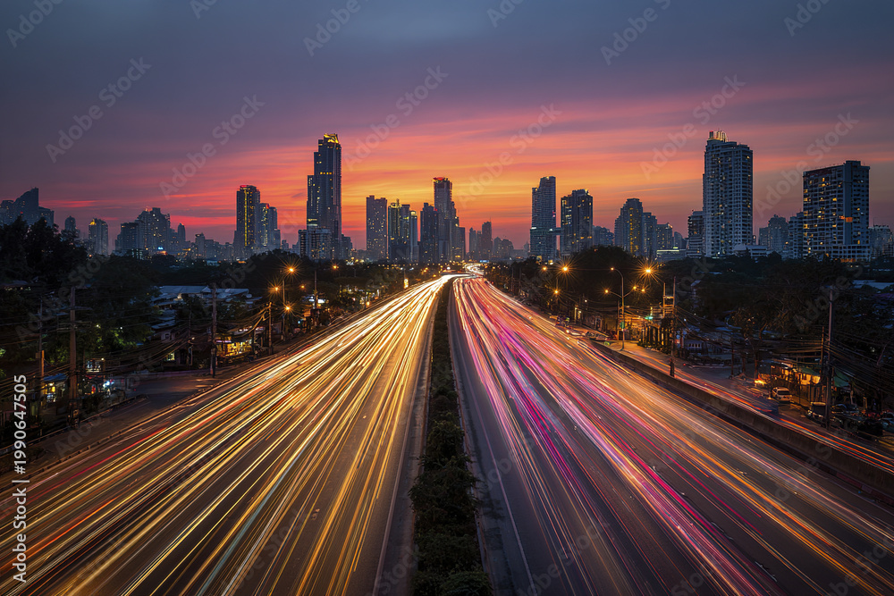 Fototapeta premium Urban city skyline at sunset with vibrant long exposure light trails from traffic on busy highway, creating dynamic motion and colorful streaks under dramatic sky