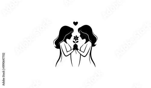 Two women holding a flower with heart icon - love and connection friendship relationship affection feminine sisterhood together silhouette illustration minimalist kindness