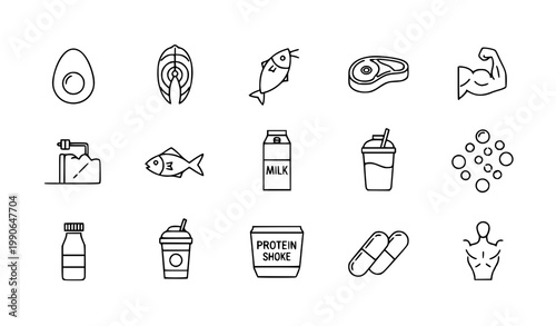 Healthy food and bodybuilding icons - nutrition and fitness with line art food icon nutrition label bodybuilding nutrition wellness supplements capsules vitamins strength training pictogram