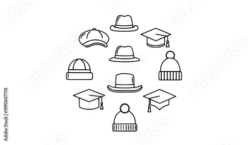 Collection of headwear icons including fedoras beanies baseball caps graduation caps with baseball cap winter hat flat design white background headwear collection mortarboard accessories
