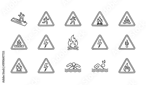 Set of hand-drawn warning and safety icons including fire electricity swimming caution with danger sign danger zone risk assessment electricity swimming triangle attention information activity