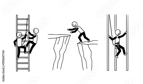 Climbing activity icons: climbing ladder crossing gap rappelling with rock climbing stick figure line art climbing rappelling activity challenge movement reaching precipice adventure