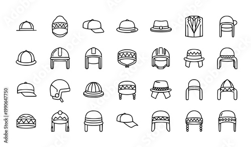 Collection of headwear icons: caps hats helmets with baseball cap hard hat ski hat tropics hat safety helmet flat icon headwear collection accessory clothing baseball protection minimalist