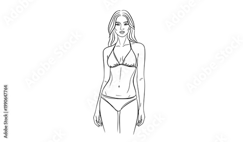 Line art fashion illustration of a woman in a bikini with fashion model fashion design illustration swimwear lingerie beachwear minimalist clothing portrait graceful artistic shoulders