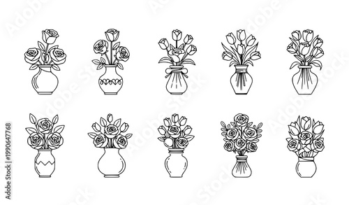 Collection of flower vase illustrations: roses and tulips with flat icon illustration collection arrangement decoration botanical elegance domestic interior minimalist container