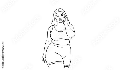 Line drawing of a plus-size woman in a tank top and shorts with body positive white background touching face line art drawing people outline drawing fashion illustration