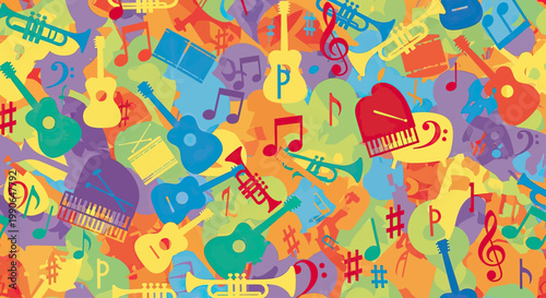 A vibrant, colorful collage of musical instruments and notes
