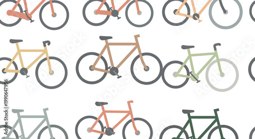 Rows of colorful, stylized bicycles on a white background