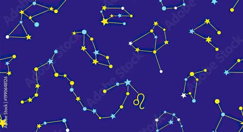 Simple, colorful constellations and stars scattered across a deep blue background