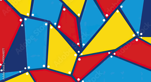 Abstract geometric pattern of intersecting polygons in red, blue, and yellow
