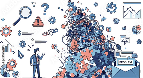 Bild auf Leinwand Business Problem Solving Concept with Jumbled Puzzle Pieces, Gear Icons, and Dat