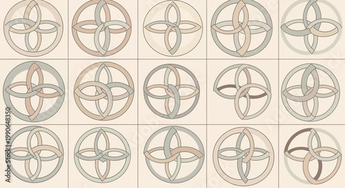 Interlocking circular knot patterns in muted earth tones and gray