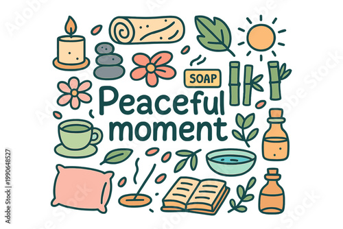 Peaceful Arrangement. Peaceful moment. Hand-drawn doodle illustration of peaceful moment. Candle, stones,