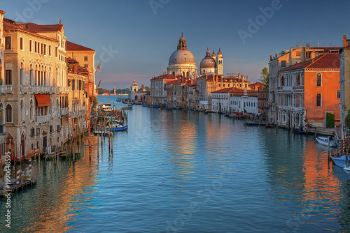 Venice canal with historic buildings and domed church reflecting in calm water under clear blue sky during golden hour light