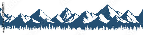 Silhouette mountain range and forest isolated on white background, seamless border, vector design