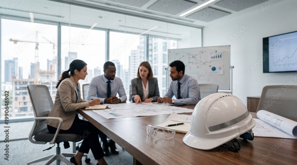 Fototapeta premium Collaborative project planning meeting urban office space professional teamwork modern environment focused viewpoint safety helmet in use