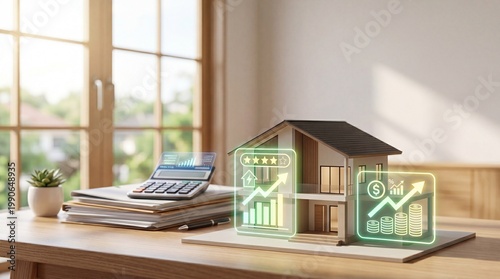 House model with financial growth indicators modern office digital representation bright environment perspective view real estate concepts