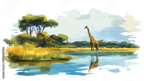 Lower Zambezi National Park. Lower Zambezi National Park hand drawn watercolor illustration on white background