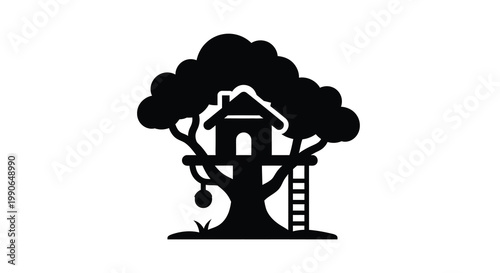 A dark silhouette of a treehouse nestled within a full rounded tree silhouette