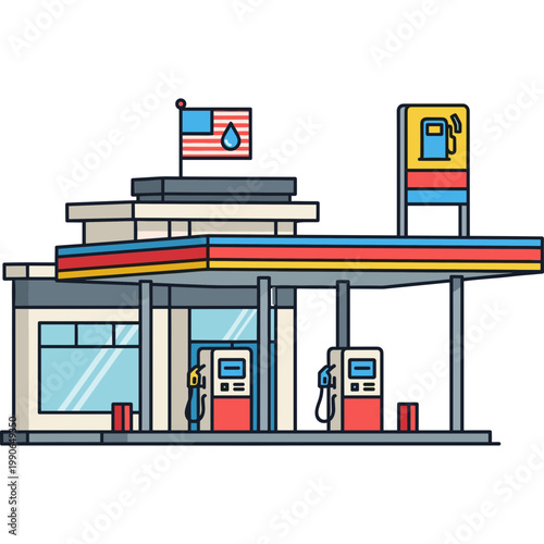 Gas station attendants refuel vehicles at a modern fuel center.