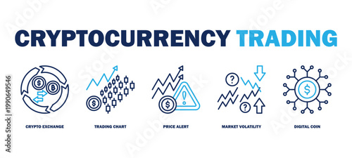 cryptocurrency trading banner web icon vector illustration featuring icons of crypto exchange, trading chart, price alert, market volatility, digital coin.
