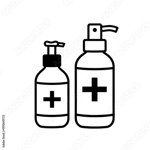 Medicine Bottles Line Icon with Cross Symbol