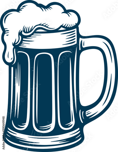 Dark blue beer mug with frothy white head and handle white foam beverage