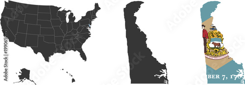 Delaware state of USA. Delaware flag and territory. States of America territory on white background. Separate states. Vector