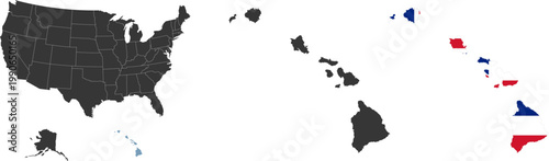 Hawaii Islands of USA. Hawaii flag and territory. States of America territory on white background. Separate states. Vector
