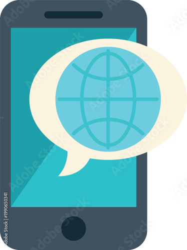 Flat design illustration of smartphone showing speech bubble with globe symbol representing global online communication