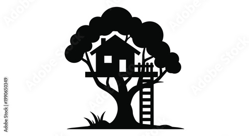 A charming treehouse nestled within a lush dark tree silhouette