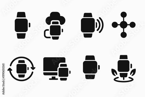 IoT Wearables Icons. IoT wearables. Filled icon set of IoT wearables: connected wearable, cloud connection,