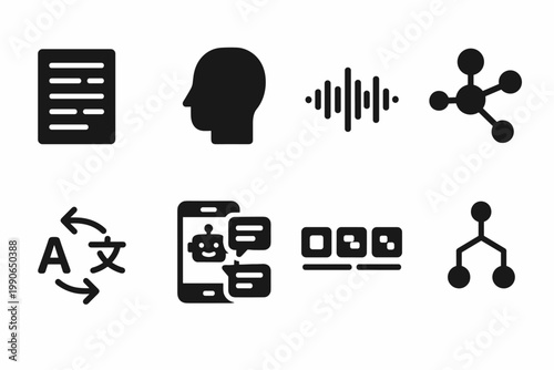 NLP Icon Grid. Natural Language Processing. Filled icon set of Natural Language Processing: text data,