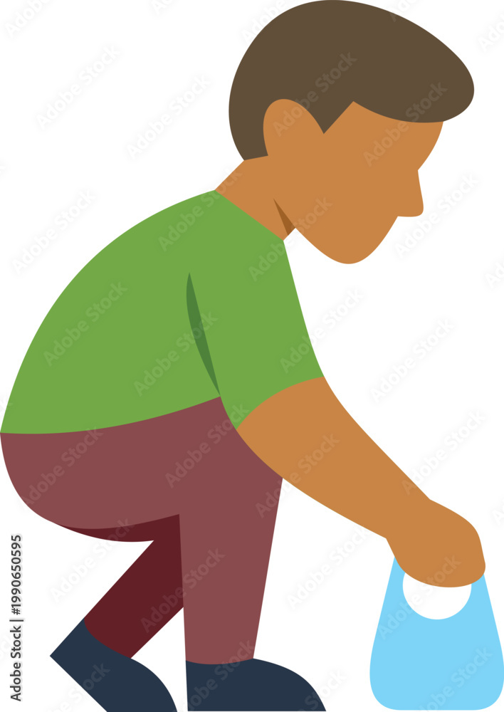 Fototapeta premium Illustration of a person crouching to pick up litter with a small blue bag in hand