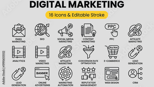 Collection of 16 digital marketing icons representing various online business strategies and processes with editable stroke for customization