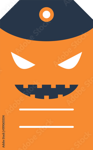 Scary orange halloween tag with sinister pumpkin face and dark geometric design