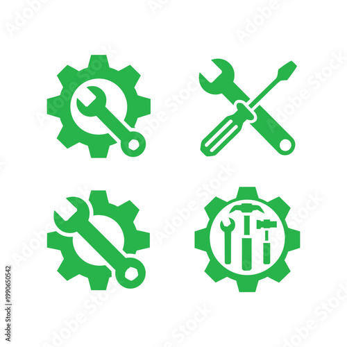 Green technical service and maintenance icons featuring crossed tools and mechanical gears for environmental engineering solutions.