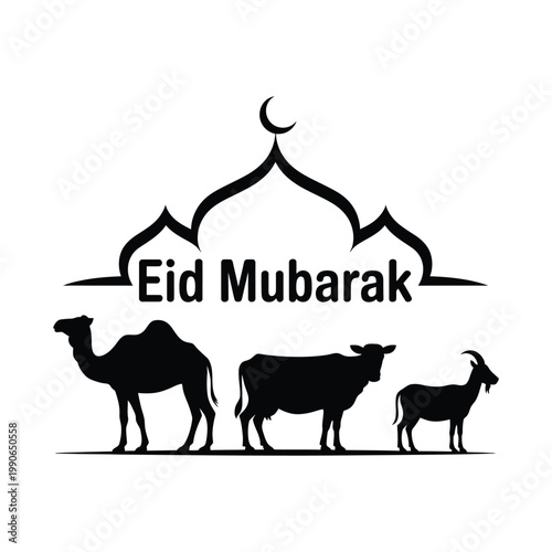 Eid mubarak silhouette illustration with traditional livestock animals including camel cow and goat under islamic mosque architecture.